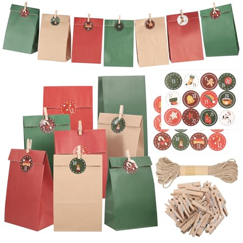 24Stück Adventskalender zum Befüllen, 13x24x8cm Papiertüten Rot Grün Braun
