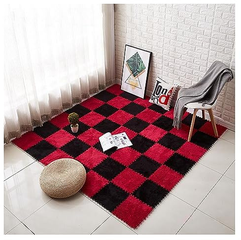 50 Stück Plüschschaum-Bodenmatte, Flauschige, Quadratische, Ineinandergreifende Teppichfliesen, Weiche Spielmatten-Teppiche Für Die Heimspielzimmer-Dekoration, 30 X 30 cm(Color:Rot+Schwarz)