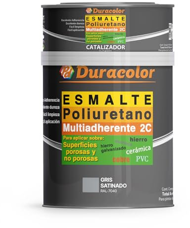 Esmalte al Poliuretano Multiadherente Satinado Duracolor | Pintura para Metales, Madera, Bañeras, Azulejos y Sanitarios | Resistente y Duradero (600 ml + 150 ml, Gris RAL 7040)