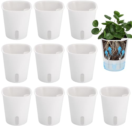 Huiguli 10 Stück Blumentopf, Weiß Selbstbewässerungstopf Klein, Φ9.5cm Pflanzen Topf mit Bewässerungssystem, PP Plastik Gradentopf mit Wasserstandsanzeiger für Innen und Außen