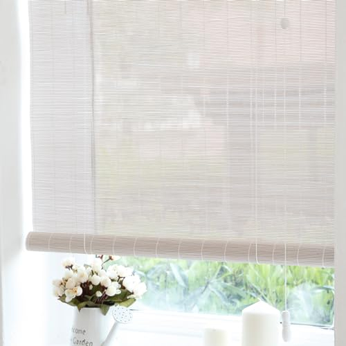 Sh000ad Weiß Bambusrollo Jalousie,Bambus-Rollos für Fenster,Verdunkelungsrollo,Filterlicht Raffrollos,Sichtschutz,Sonnenschutz Vorhang,für Innen/Außen,Anpassbar,Breite x Höhe (180cm x 100cm)