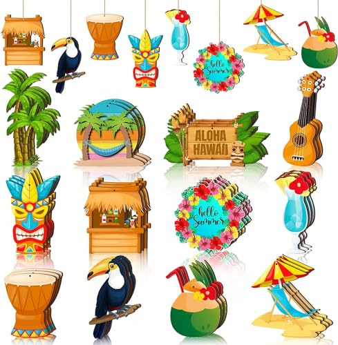 Holz Hängende Ornamente, 36pcs Baumschmuck für Sommer Hawaii-Tropenpartys mit Seil - Strand Deko, Aloha Hängedeko