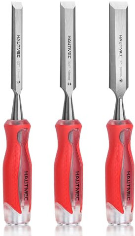 HAUTMEC 3 Piece Wood Chisel Set for Woodworking & Carving. Drop-Forged CR-V Steel Beveled Edge Blades with Ergonomic Non-Slip Handles and Heavy-Duty Strike Caps