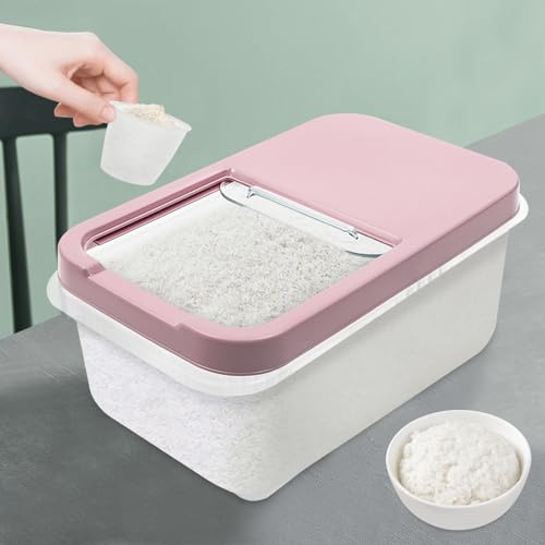 wanwanper Rice Storage Container, Cereal Dispenser, 10L Modern Kitchen Container, Food Storage Containers with Measuring Cup, for Storing Rice, Millet, Black Rice, Yellow Rice, Barley, Beans (Pink)