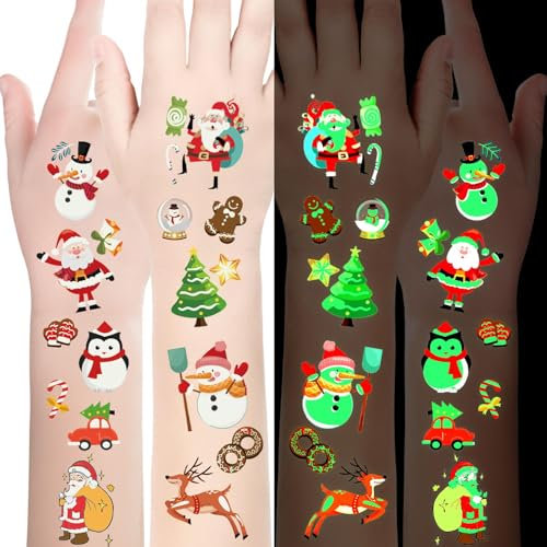 Luminous Christmas Temporary Tattoos for Kids – 120 pezzi di Natale Glow in The Dark Tattoos Stickers for Boys and Girls, Christmas Party Favors for Kids Stocking Stuffers and Gifts 10 fogli