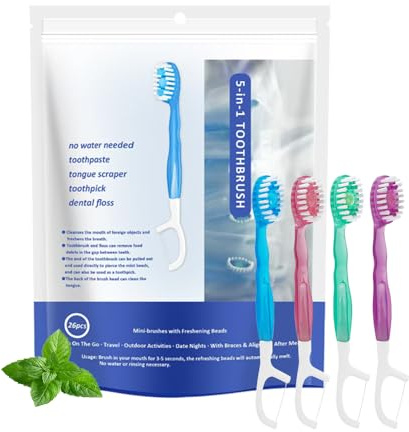 Malisseladi 5 in 1 Mini Brushes-Disposable Toothbrushes with Toothpaste + Floss + Pick + Tongue Scraper | Travel Size | Individually Wrapped | Soft | Mint | Travel Set (Mix, 26 pcs)