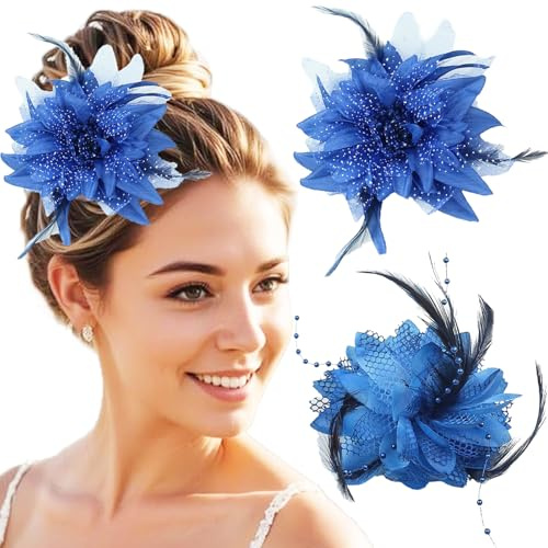 Fascinator mit Blumenfedern, Rosen-Haarspange, große Feder, Haarschmuck für Damen, Mädchen, Party, Hochzeit, Dunkelblau, 2 Stück