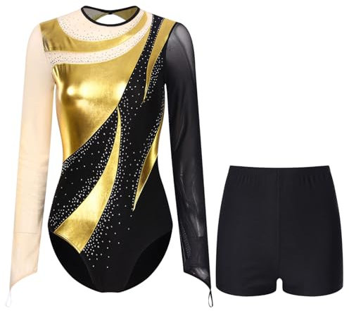 Alvivi damgymnastikdräkt glitter, gymnastikdräkt med korta byxor, långärmad balettdräkt, gymnastikbody, gymnastiktröja, gymnastik, kläder, danskostym, Guld, M