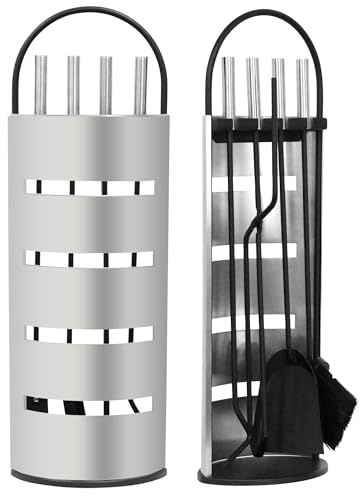 Mucola Kaminbesteck Kaminwerkzeug Set 6-teilig mit Ständer Stahl Silber | Kamingarnitur für Kaminofen und Holzofen, hitzebeständig, inkl. 2 Handschuhe, alle Geräte griffbereit am Halter