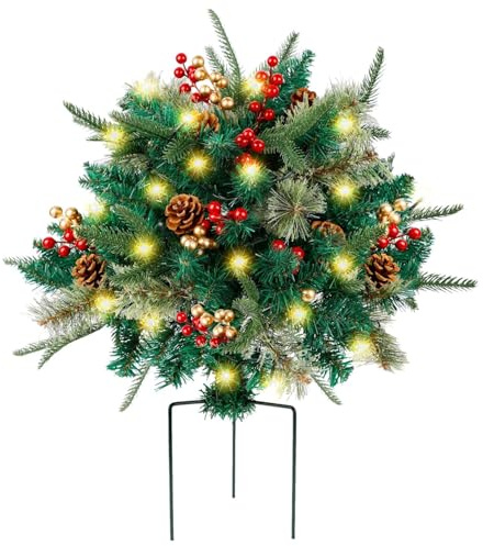 Tugeem 1PC Prelit Christmas Planter Bushes,Prelit Pot Fillers for Christmas,Faux Holiday Planters with Lights,Xmas Outdoor Artificial Urn Fillers Decorations for Pathway, Lawn, Patio(1PC)