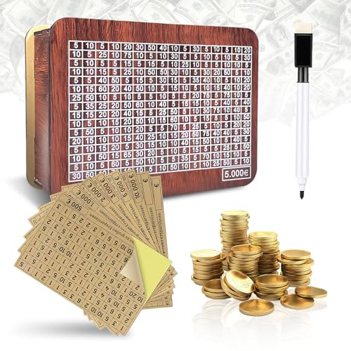 Flintronic Hucha de Madera Retro con Contador y Objetivo de Ahorro, Caja de Dinero Reutilizable con Pegatinas de Varias Cantidades para Adultos y Niños