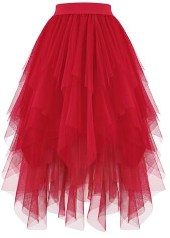 JasGood Damen Tüllrock High Low Layered Unregelmäßig Tüll Rock Damen A-Linie Midirock Ballett Tutu Abschlussball Karneval Party Rock