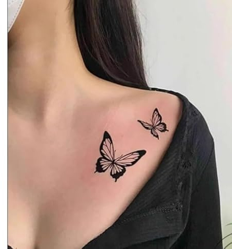 2Pcs Herbal Temporary Tattoos Stickers False Tattoo Clavicle Black Butterfly Juice Semi-Permanent Non-Reflective Waterproof Lasting 2 Weeks Women And Men