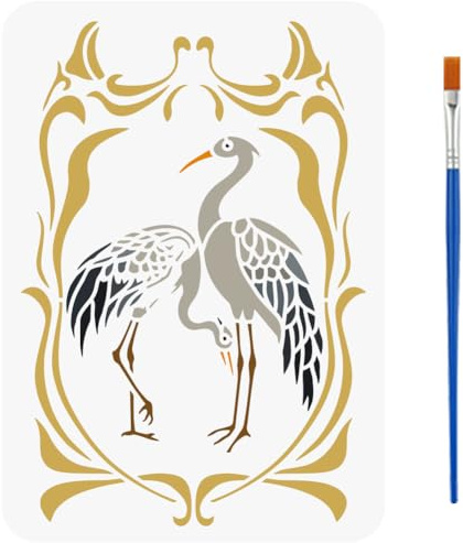 FINGERINSPIRE Reiher Schablonen Mit Einem Pinsel 29.7x21cm Wiederverwendbar Jugendstil Randschablonen Haustier Vogelreiher Dekorationsschablonen Tiermotive Vorlage Für Holz Wände Möbel Bodenfliesen