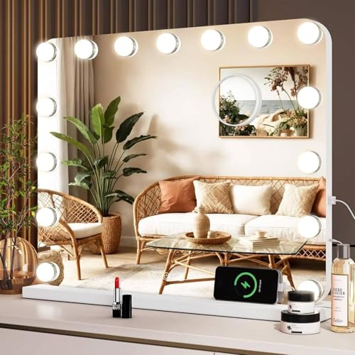 Clevich Hollywood Schminkspiegel mit Beleuchtung, 50 x 40cm, 15 LED & 3 Farbtemperatur Dimmbar, Kosmetikspiegel mit USB-, 10-facher Lupe, für Schminktisch, Weiß [Energieklasse F]