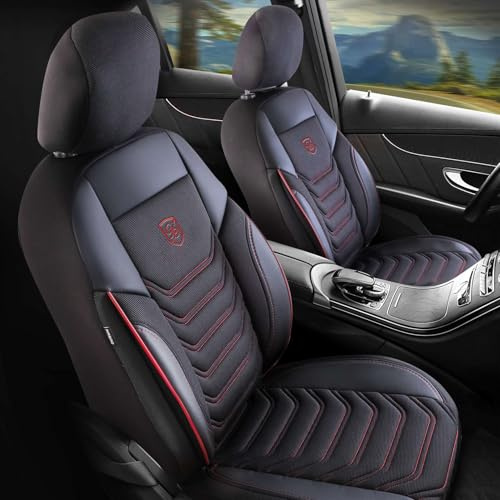 GIOVANNI BUTTI Autositzbezüge Universal für PKW & SUV - Premium Vordersitze Auto Sitzbezug aus Piqué-Stoff, Schwarz-Rot, Airbag-Kompatibel Sitzauflage, Autoschonbezug, Vordersitz-Set inkl. Montageset