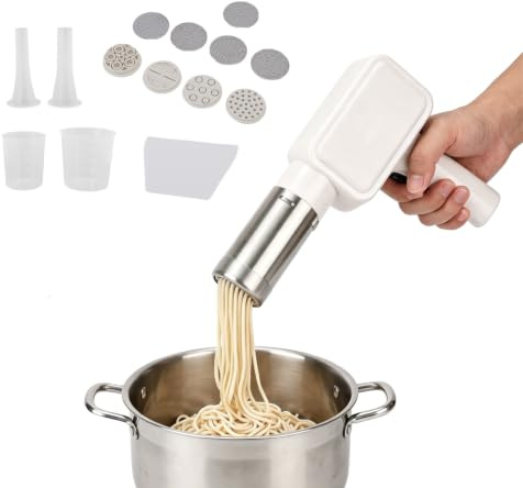 Máquina de hacer pasta eléctrica inalámbrica portátil con 9 moldes para pasta, 2 herramientas para hacer salchichas, máquina de prensado automática recargable para pasta casera (blanco)