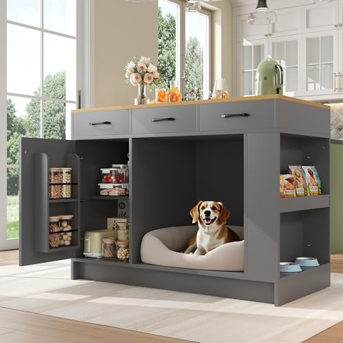 Merax Kücheninsel mit Arbeitsplatte, Küchenschrank mit 3 Schublade &Türregal & 2-lagiger Snackbereich(No Hundenapf), großem Stauraum für Haustiere(No Hundematte), 120 * 60 * 90cm/Grau+Eiche