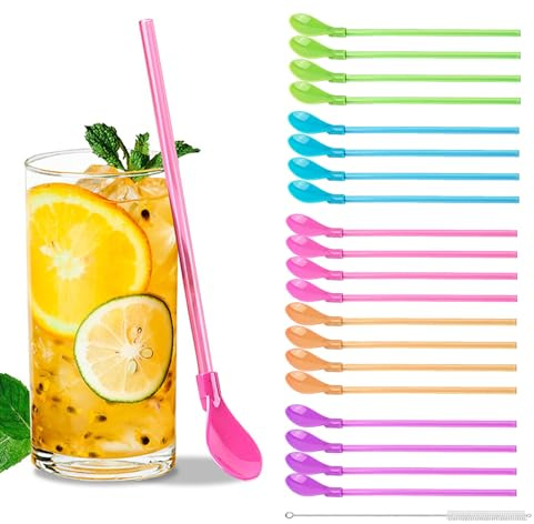 Cucharas pajita reutilizables 20 piezas 2 en 1 de plástico 23 cm agitadores para café batidos cócteles bebidas frías ideal para fiestas y uso diario en el hogar