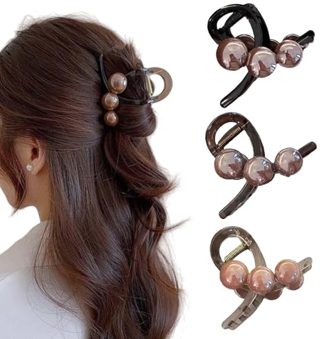BelleFlair 3 PCS Grande pince à cheveux femmes avec perles, Accessoire capillaire élégant pour cheveux épais, Barrette antidérapante en marron, Accessoire cheveux pour femmes avec forte tenue