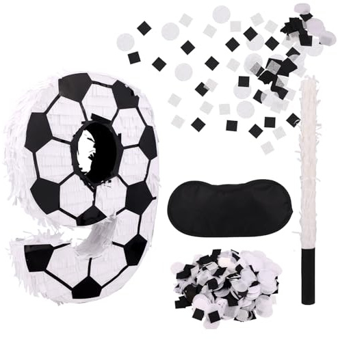 Fußball-Piñata-Set, Piñata Nr. 9 mit Stock Augenbinde & Konfetti Sportparty Zubehör für Kindergeburtstage Partyspiele & Festliche Feiern