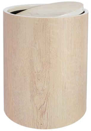 MUELODSIC Cubo de Basura Redondo Vintage de Plástico con Vetas de Madera, Tapa Abatible y Diseño Compacto para Baño y Cocina, Portátil y Silencioso
