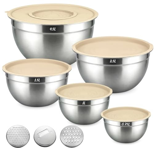 JTOOYS Set di 5 ciotole in acciaio inox con coperchi e 3 griglie per insalatiera impilabile con 0,7/1/1,5/2,6/4,6 l, ideali per cuocere/preparare/servire/conservare alimenti, lavabili in lavastoviglie