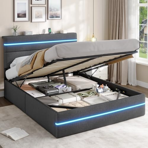 AOGLLATI Bett 140x200 mit Hydraulischem Stauraum, Polsterbett Doppelbett mit LED-Kopfteil & Ladestation (3 USB + 1 Type-C), Jugendbett mit Lattenrost,Boxspringbett, Dunkelgrau Leinen(ohne Matratze)