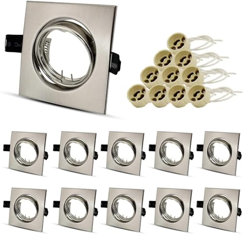 Allesgute Lot de 10 Spot Encastrables GU10, Spots de Plafond Acier inox brossé avec Douille Céramique, Spot Led GU10 Ø68 mm Pour Lampes LED ou Halogènes, Rotation 30°
