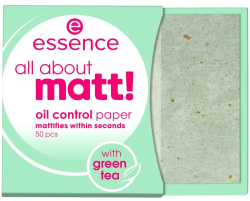 essence all about matt! oil control paper, mattierendes Papier, Puderpapier, transparent, glanzabsorbierend, matt, Nanopartikel frei, ohne Parfüm, ölfrei (50 Stück)