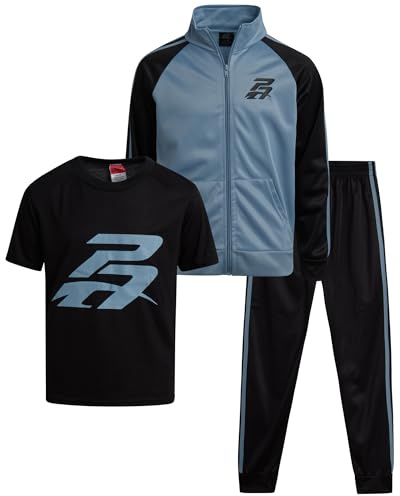 Pro Athlete Boys Tracksuit Set - 3 Piece Breathable Tricot Zip Up Sweatshirt Athletic Graphic Tees & Jogger Sweatpants, Size 12, Dusty Blue/Black