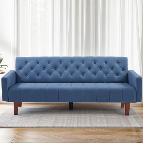 Wonder Comfort Futon-Sofabett aus Leinen, verstellbare Rückenlehne, umwandelbar, Zweisitzer-Schlafcouch mit konischen Holzbeinen, für kleine Räume, Wohnzimmer, Blau