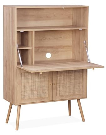 sweeek - Schreibschrank/Sekretär, 2 Türen aus Rohrgeflecht, Regale, Holzeffekt, Beine aus Tannenholz - Bohème