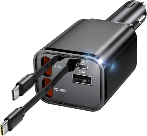 4 in 1 Einziehbares Auto Ladegerät mit Kabel Zigarettenanzünder USB | 12V/24V Retractable Car Charger mit Dual Type-C Einziehbarem Kabel Ladegerät,Auto Adapter für Macbook/iPad/iPhone/Galaxy