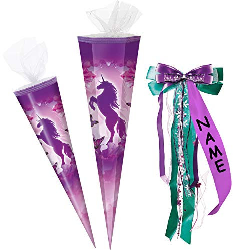 alles-meine.de GmbH Schultüte - mit 3D Glitzer - Effekt ! - Einhorn & Schmetterling - lila violett - 50-85 cm - Größe wählbar - rund - incl. individueller - großer Schleife - m..