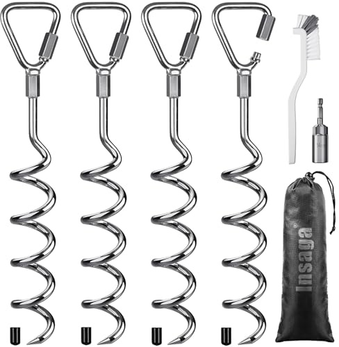 Insaga 18 Screw in Ground Anchors Heavy Duty 4 Pack, Solid Carbon Steel Earth Anchor Chrome Plated with Removable Eyelet & Socket for Trampoline, Swing Set, Shed, Tent, Carport