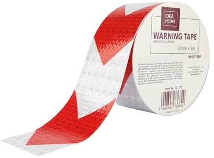 IDEA HOME Cinta de Marcado Autoadhesiva 50 mm x 5 m – Cinta de Advertencia con Rayas Reflectantes y Flechas – Marcaje de Suelo y Seguridad en Blanco/Rojo