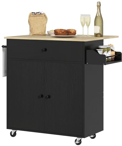 HOMCOM Kücheninsel mit klappbarem Flügel Küchenwagen Küchenschrank mit Rädern 2 Türen Gewürzschublade Handtuchhalter und verstellbarem Regal 106x42x87 cm Schwarz und Eiche