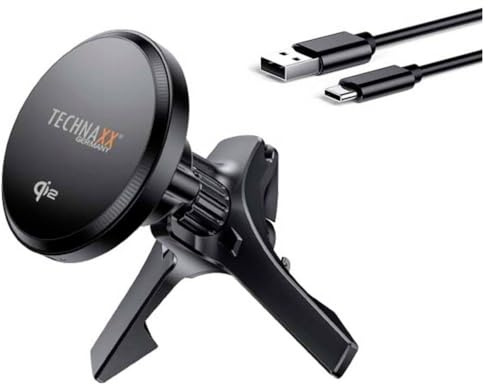 Technaxx magnetisk billaddare 15W, Qi2 bilmonteringsladdare TX-323, luftventiltelefonhållare med metallring, USB-A till USB-C-kabel - Snabb trådlös laddning för iPhone 12+ och Qi-aktiverade telefoner