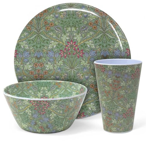 William Morris 12pc Melamine Dinner Set - Hyacinth - Plates Bowls Tumblers