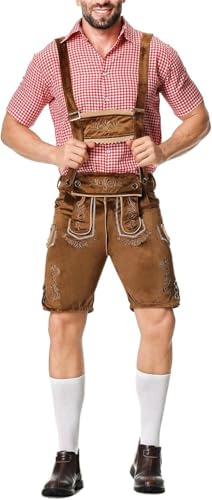 Fasheepfa Lederhosen Kostym set för män kostym set män Oktoberfest outfit komplett traditionell skjorta rutig skjorta hängselbyxor bayersk utklädning (brun, L)