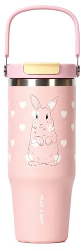 pluseight Stainless Steel Tumbler with Straw, 1000ml/32oz Travel Mug with Handle,Leakproof Reusable Travel Mug, Keeps Cold for 24H or Hot 12H, Fit in Car Cup Holder (Pink Rabbit)