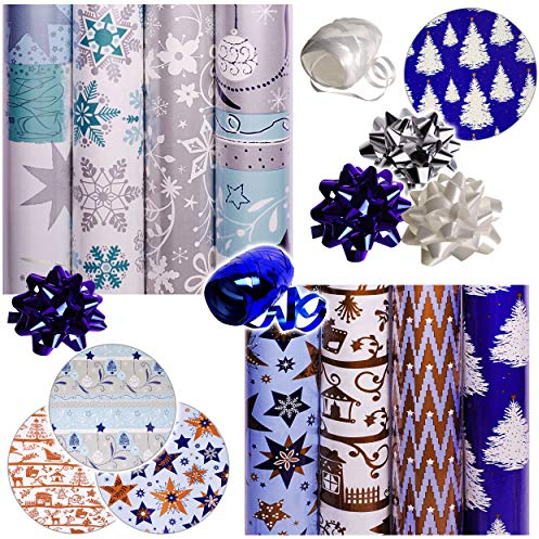 alles-meine.de GmbH 26 TLG. XXL Set: Geschenkpapier - Weihnachten - 8 Rollen + 14 Schleifen + 40 m Schleifenband - edel - blau, weiß & Silber - Geschenkschleifen - Geschenkpapier..