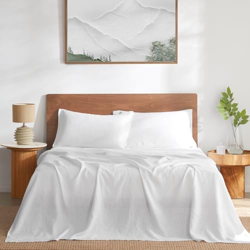 DAPU Pure Linen Sheets Set, 100% French Linen From Normandy, Breathable and Durable For Hot Sleepers, 4 Pcs Set - 1 Flat Sheet, 1 Fitted Sheet, 2 Pillowcases (White, Queen)