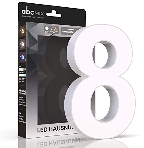abcMIX LED Hausnummer 8 - Personalisierbare Beleuchtete Hausnummernleuchte mit LED in Weiß - Lichtfarbeneinstellung, Dimmbarkeit