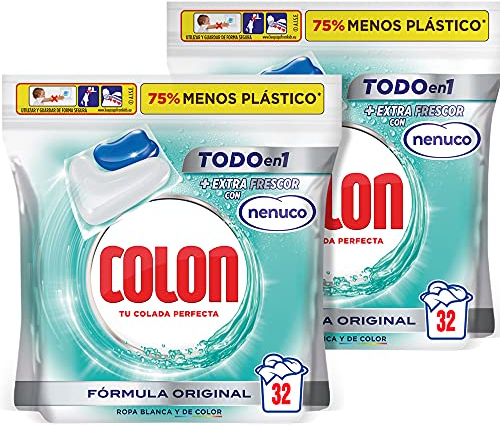 Colon Nenuco Detergente para la lavadora, adecuado para ropa blanca y de color, formato cápsulas, Pack de 2, Total 64 dosis