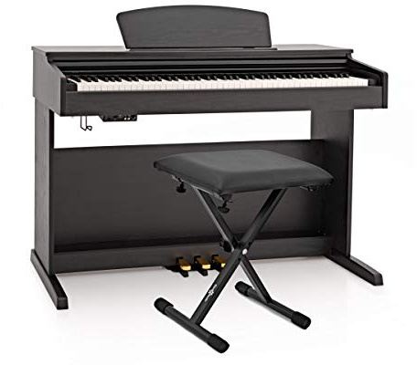 Digital Piano DP-10X by Gear4music with Adjustable Bench Matte Black | 88 hammer-action keys with 3 pedals, metronome and 55 demo songs, 2x15W speakers, sturdy stand with dust cover