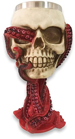 PROVIVID Skull Goblet Chalice Wine Cups Medieval Chalice Skull Cup Stainless Steel 3D Whisky Shot Glasses Realistic Resin Octopus Tentacle Beverage Halloween Drinking Cup Novelty