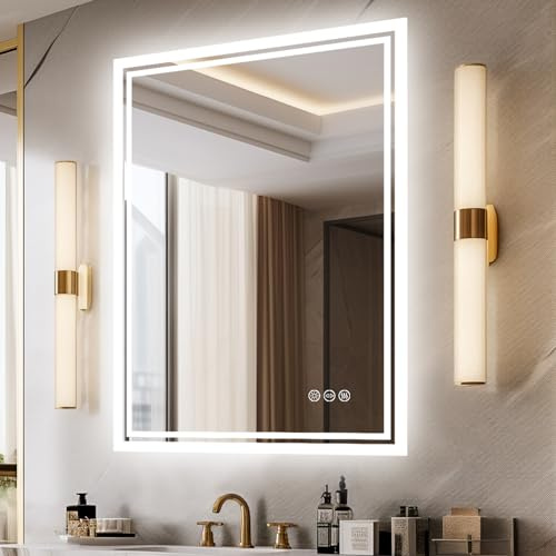 LUVODI Miroir de salle de bain avec éclairage 50 x 70 cm - Miroir de salle de bain avec rétroéclairage - 3 interrupteurs tactiles - Intensité variable - Miroir lumineux LED - Blanc chaud neutre