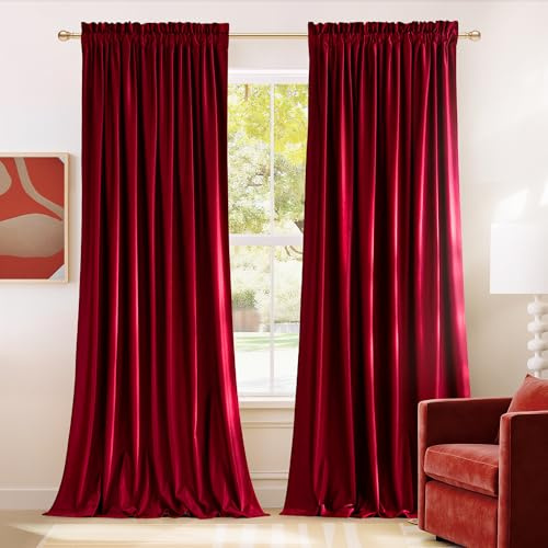 NICETOWN Red Blackout 120 Velvet Curtains for Backdrops, Thermal Insulated Noise Reducing Drapes for Film, Extra Long Window Treatments for Large Sliding Door (2 Panels, 52 Wide)